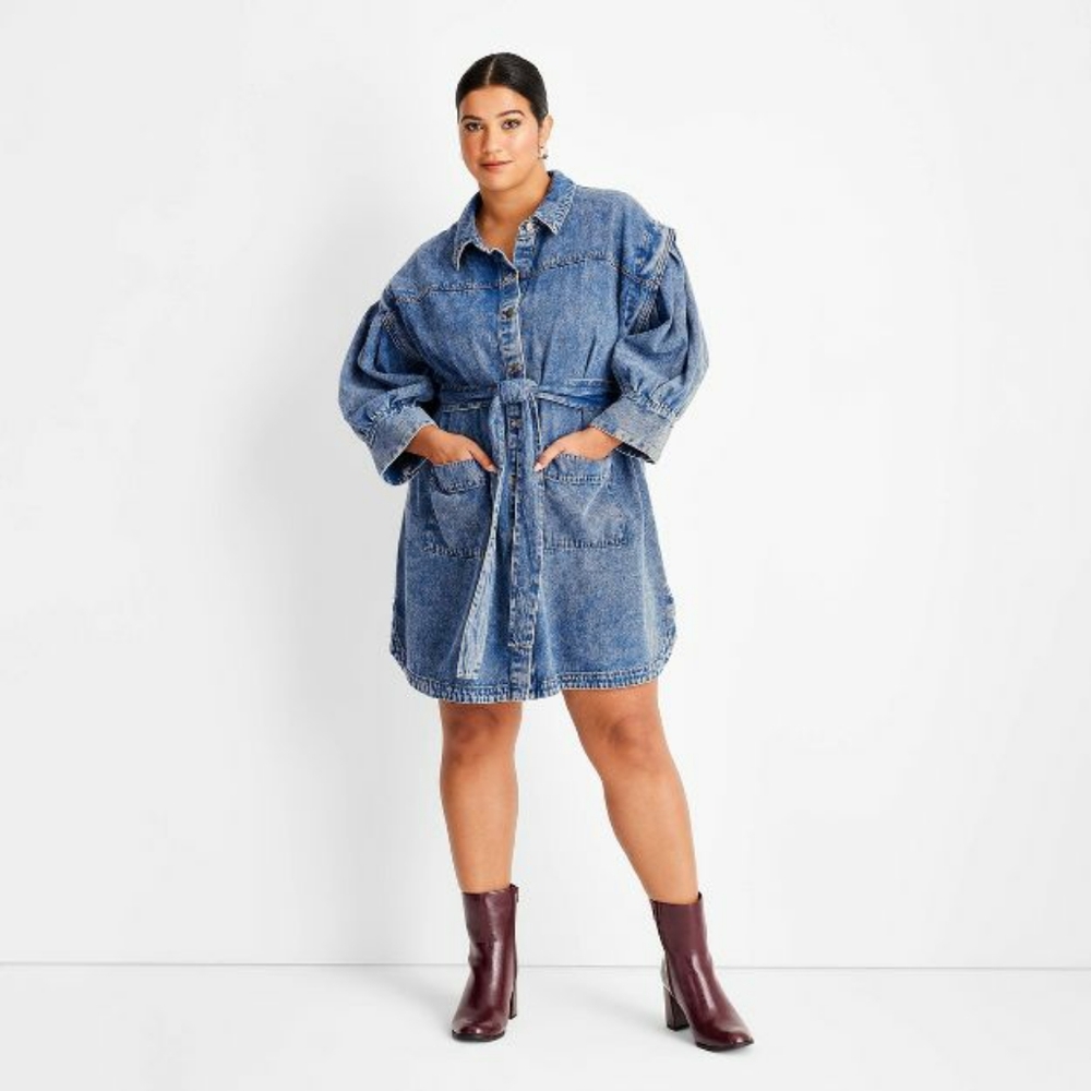 Long Sleeve Utility Denim A-Line Dress Future Collective w/ Kahlana BB NWT Sz 2